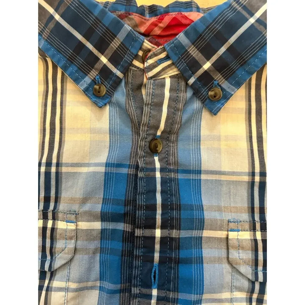 The North Face plaid blue yellow Shirt Men's Large Short-Sleeve western casual